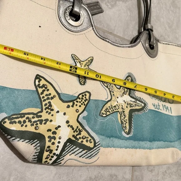 COACH Canvas Tote Bag | Starfish Print | Silver Leather Trim - Picture 13 of 14